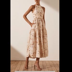 Shona Joy linen Open Back Tiered Midi Dress